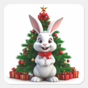 Sticker Carré Lapin mignon avec chapeau de Noël près d'un arbre