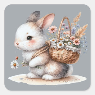 Sticker Carré Lapin Mignon avec Fleurs Art Aquarelle