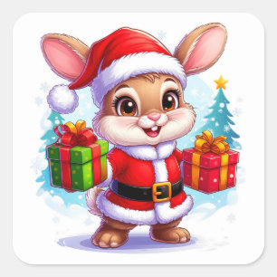 Sticker Carré Lapin Mignon En Costume De Père Noël Tenant Un Cad