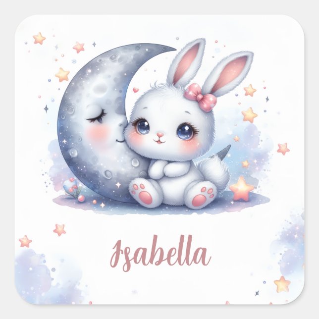 Sticker Carré lapin mignon et lune de croissant (Devant)