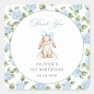 Sticker Carré Lapin Mignon, Nœud Bleu, Fleurs Bleues, Premier An