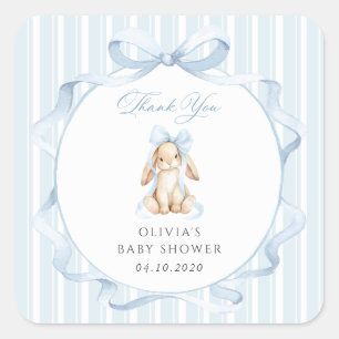 Sticker Carré Lapin Mignon, Nœud Bleu, Rayures Bleues, Baby Show