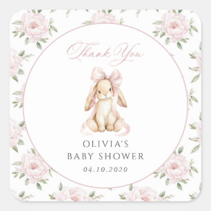Sticker Carré Lapin Mignon, Nœud Rose, Fleurs Roses, Baby Shower