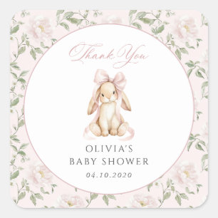 Sticker Carré Lapin Mignon, Nœud Rose, Fleurs Roses, Baby Shower