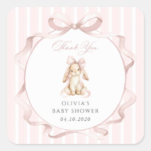 Sticker Carré Lapin Mignon, Nœud Rose, Rayures Roses, Baby Showe
