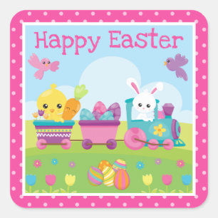 Sticker Carré Lapin mignon, poussin et train d'Œufs en chocolat 
