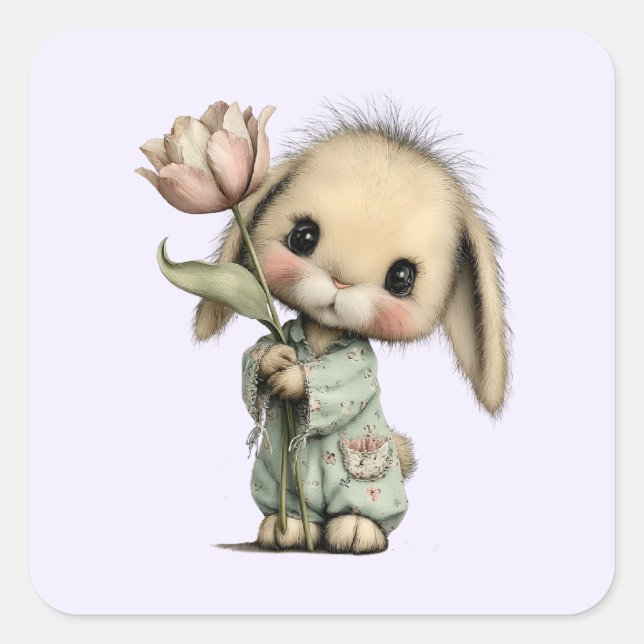 Sticker Carré Lapin mignon tenant une Tulipe (Devant)
