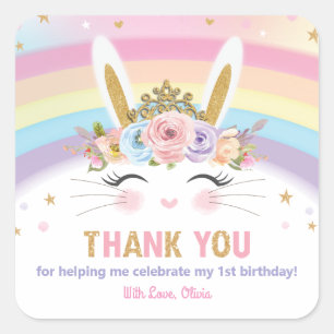Sticker Carré Lapin Mignonne Lapin Anniversaire Merci Favoriser