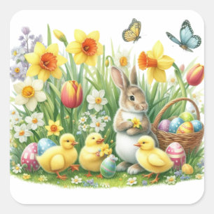 Sticker Carré lapin/poulet de printemps classique/Vintage