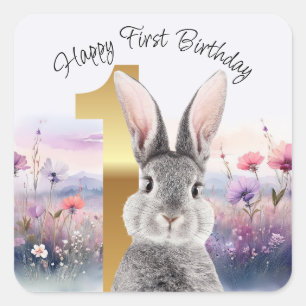 Sticker Carré Lapin pour premier anniversaire dans un champ de f