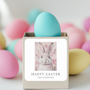 Sticker Carré Lapin rose avec fleur Pâques