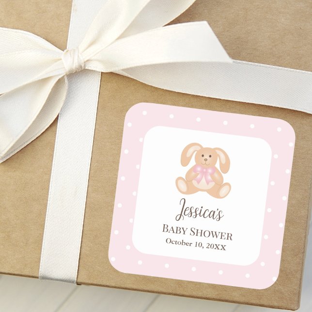 Sticker Carré Lapin rose lapin mignon Pois mignon Baby shower fi (Créateur téléchargé)