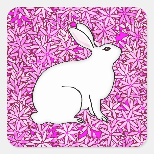 Sticker Carré Lapin sur un lit de fleurs de printemps (Devant)