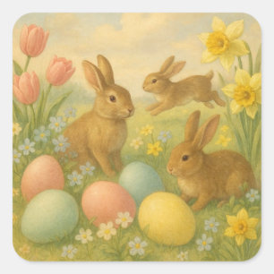 Sticker Carré Lapin vintage/ Lapin de Pâques/Flaque de printemps