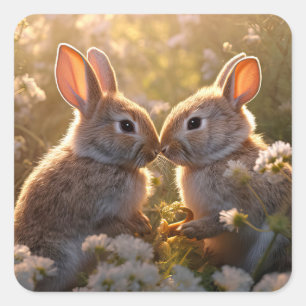 Sticker Carré Lapins Adorables dans la Prairie de Printemps Desi