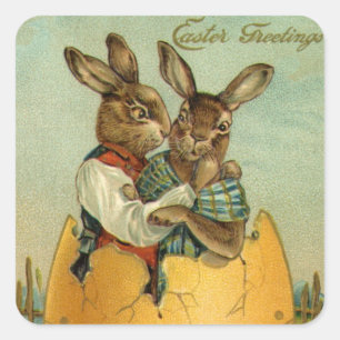 Sticker Carré Lapins de Pâques victoriens vintage dans un œuf do