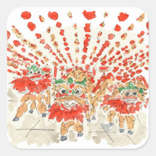 Sticker Carré L'aquarelle chinoise de danse Lion