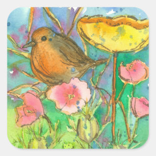 Sticker Carré L'aquarelle fleurit l'oiseau de Robin