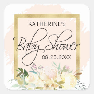 Sticker Carré L'aquarelle florale rougissent baby shower rose
