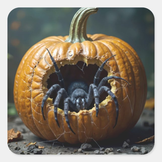 Sticker Carré L'araignée noire qui s'échappe d'un Citrouille (Devant)