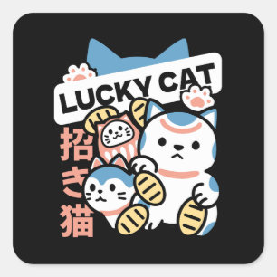 Sticker Carré L'art du chat chanceux – Maneki Neko avec pièce d'