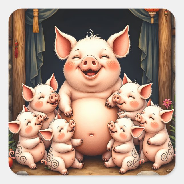 Sticker Carré L'art du cochon - Mère et porcelets (Devant)