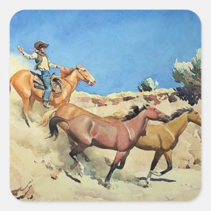 Sticker Carré L'art occidental «Saddle Stock» de Maynard Dixon