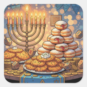 Sticker Carré Latkes de Hanouka, Menorah et Roulés à la Gelée