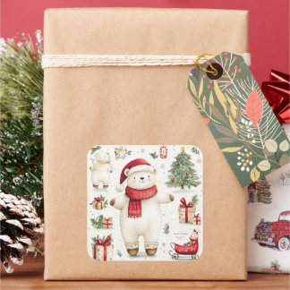 Sticker Carré L'autocollant Père Noël à l'ours blanc