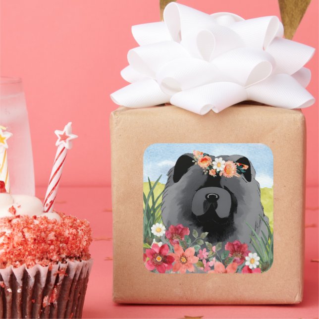 Sticker Carré LAVAGE EN noir clair - Chien de Chow bleu (Fête)