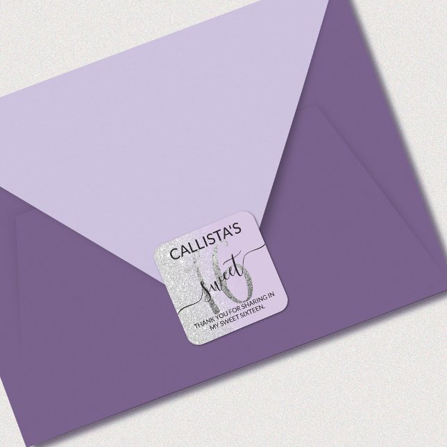 Sticker Carré Lavande Parties scintillant Argent Ombre Sweet 16  (Créateur téléchargé)