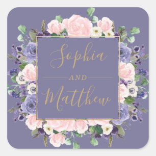 Sticker Carré Lavender Blush Purple Floral Gold Wedding Favorise