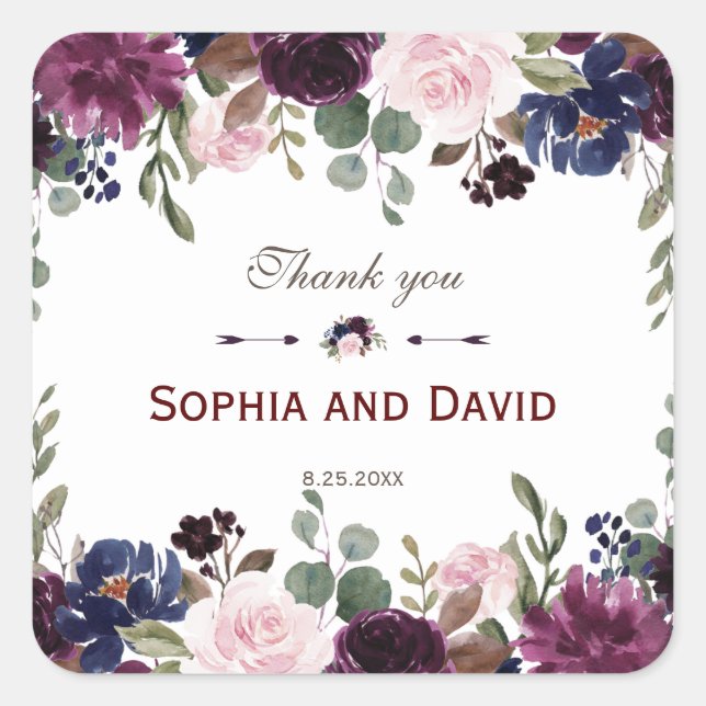 Sticker Carré Lavender Navy Blue Floral Bloom Mariage (Devant)