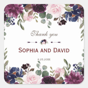 Sticker Carré Lavender Navy Blue Floral Bloom Mariage