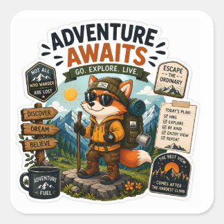 Sticker Carré L'aventure Attend – Randonneur Fox Explorer
