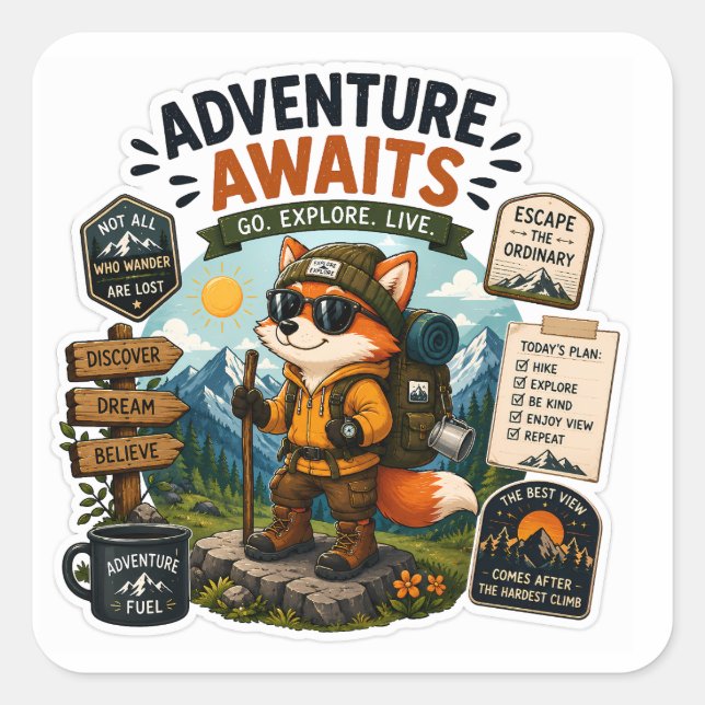 Sticker Carré L'aventure Attend – Randonneur Fox Explorer (Devant)