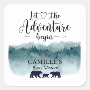 Sticker Carré L'aventure commence aquarelle Montagnes Ours
