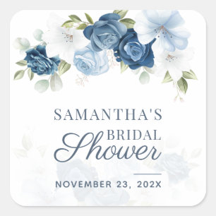 Sticker Carré Lavis Floral Bleu Poussiéreux Mariage