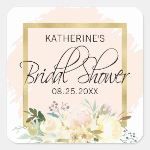 Sticker Carré Lavis floral rose poudré or mariage