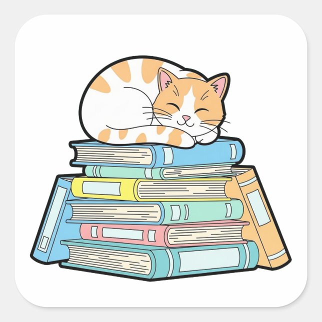 Sticker Carré Lazy Cat on Books – Cute Cozy Illustration (Devant)