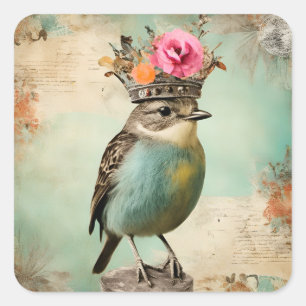 Sticker Carré Le Bel Oiseau dans un Collage de Couronne