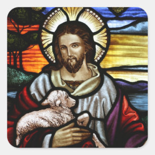 Sticker Carré Le Bon Berger ; Jésus sur un vitrail