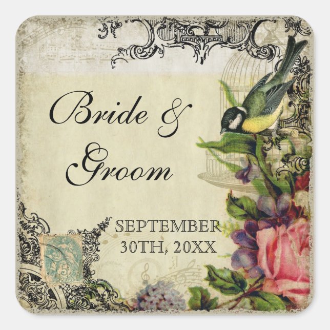 Sticker Carré Le cadeau de faveur scelle la cage à oiseaux jaune (Devant)