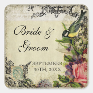 Sticker Carré Le cadeau de faveur scelle la cage à oiseaux jaune