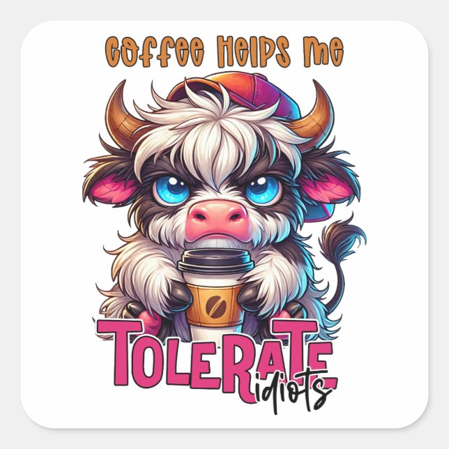 Sticker Carré Le café m'aide à tolérer les idiots  (Devant)