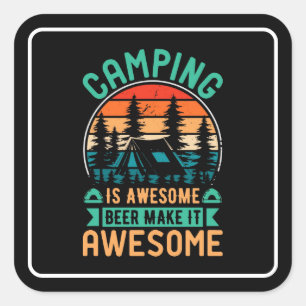Sticker Carré Le camping est génial, la bière le rend encore mei