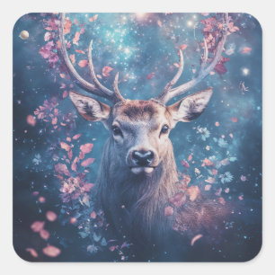 Sticker Carré Le Cerf Magique Parmi les Étoiles et les Fleurs