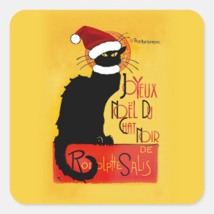 Sticker Carré Le Chat Noir Chapeau de Père Noël Noël
