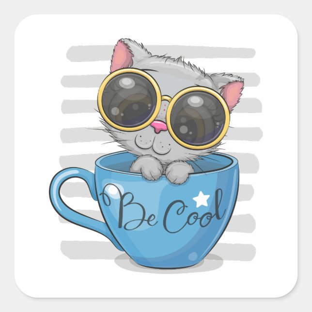 Sticker Carré Le chaton de dessin animé mignon avec lunettes (Devant)