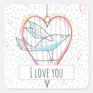 Sticker Carré Le coeur amoureux et l'oiseau de la Saint-Valentin